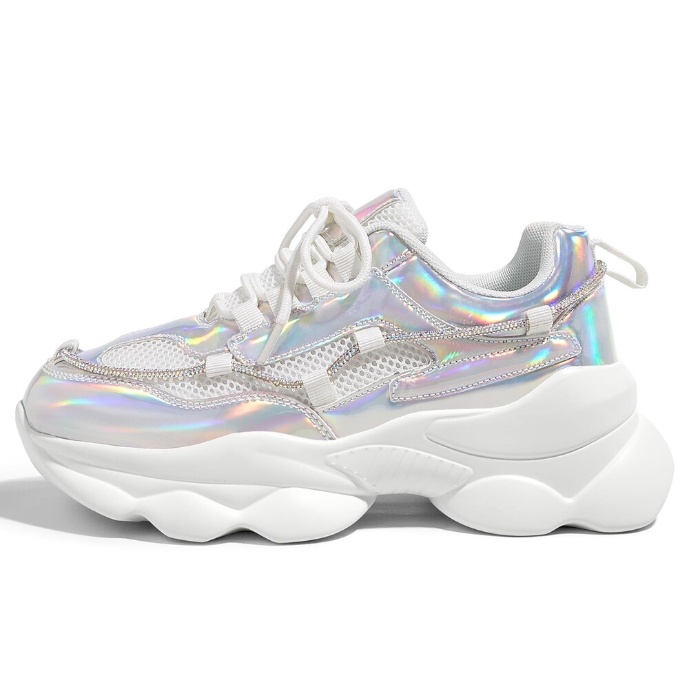 Women's 11 Chunky Platform Sneakers Hologram Silver Rhinestone Shoes